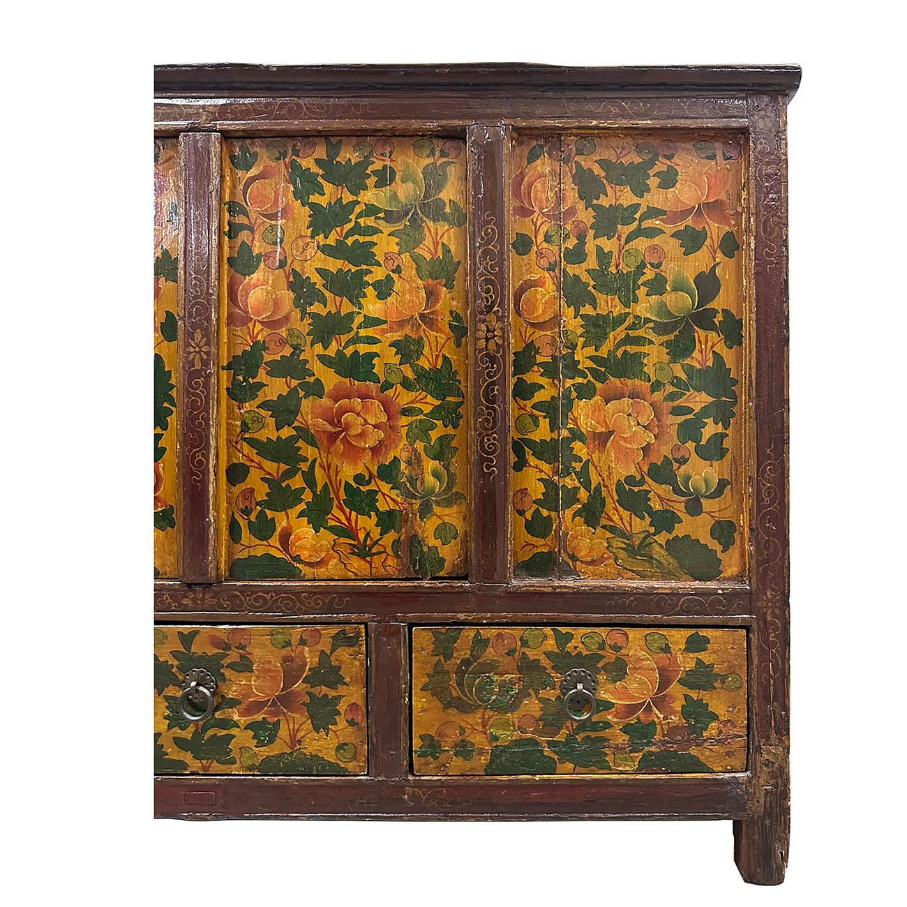 20th Century Antique Tibetan Hand Painted Credenza Storage Cabinet In Good Condition For Sale In Pomona, CA