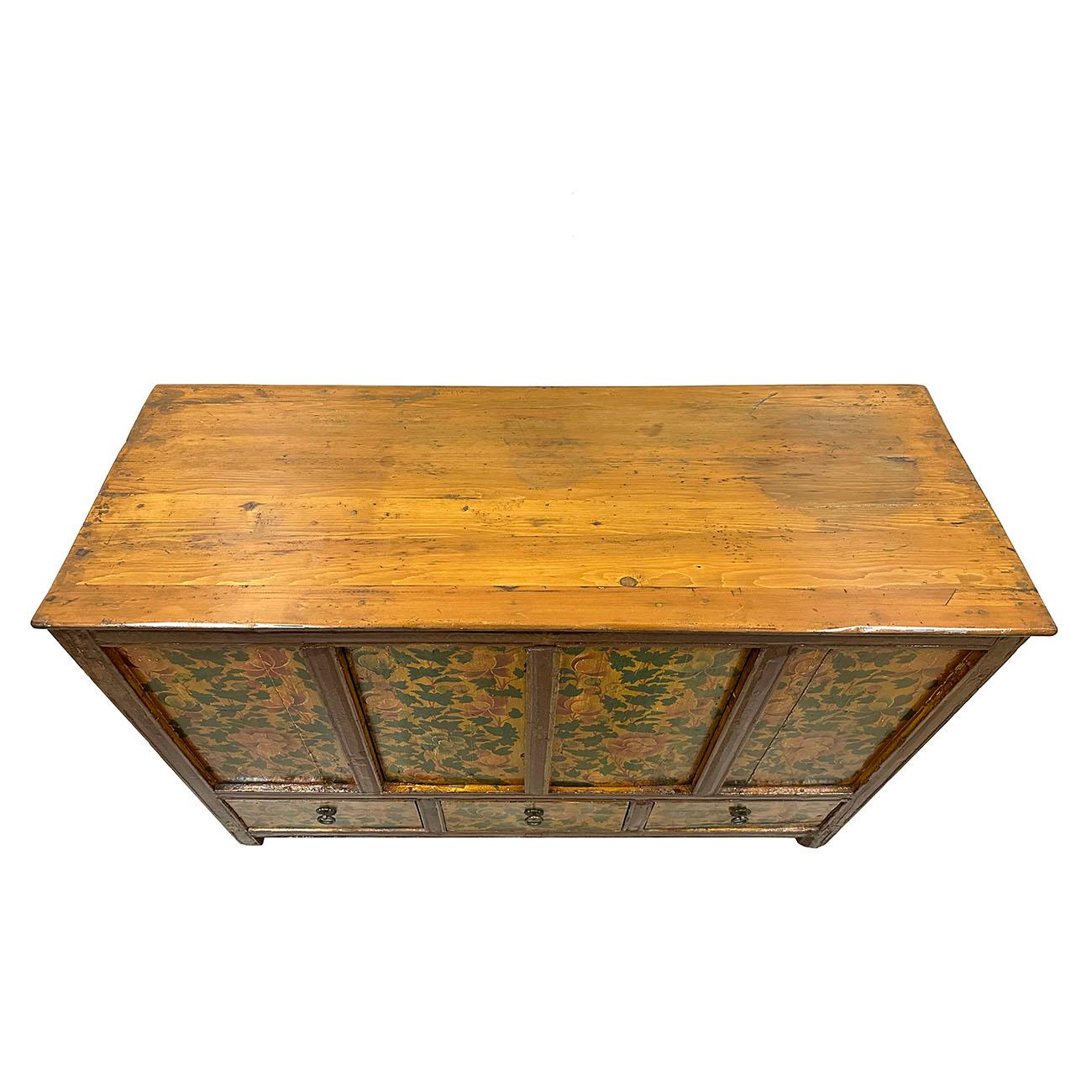 Wood 20th Century Antique Tibetan Hand Painted Credenza Storage Cabinet For Sale