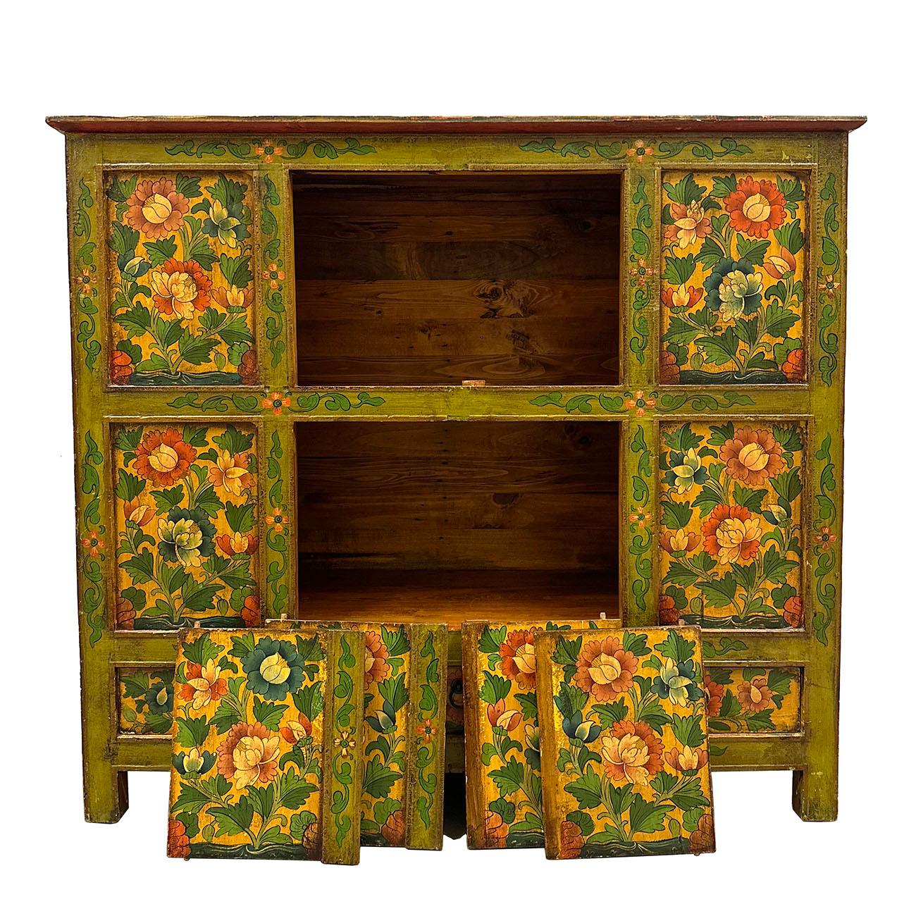 Chinese 20th Century Antique Tibetan Hand Painted Tall Credenza Storage Cabinet For Sale