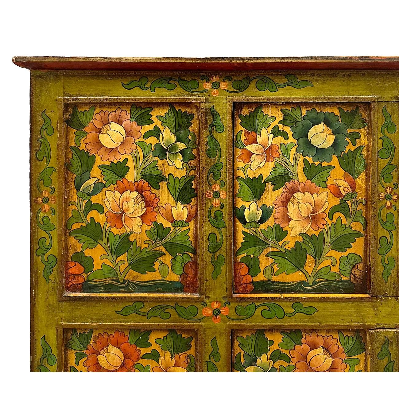 Hand-Painted 20th Century Antique Tibetan Hand Painted Tall Credenza Storage Cabinet For Sale