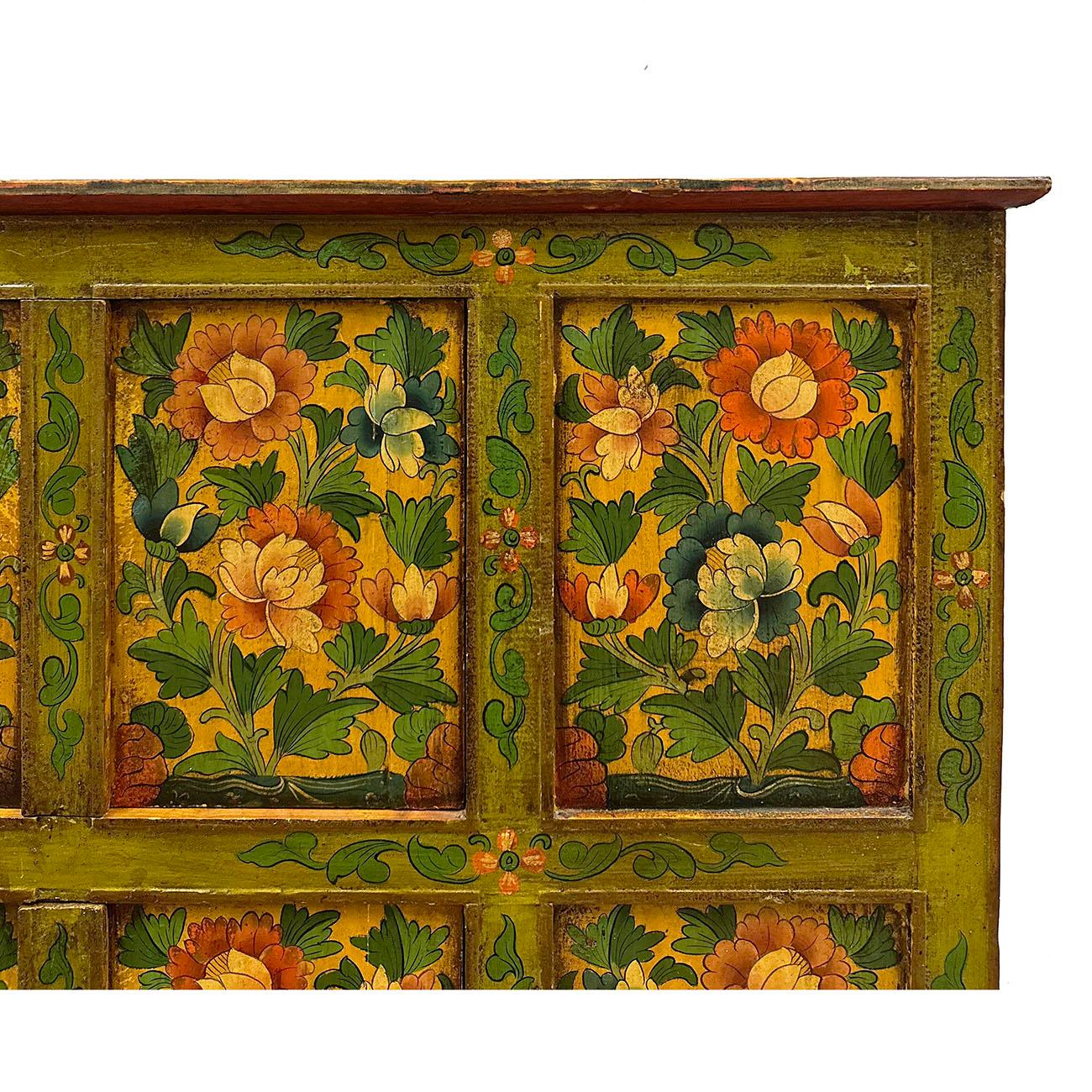 20th Century Antique Tibetan Hand Painted Tall Credenza Storage Cabinet In Good Condition For Sale In Pomona, CA