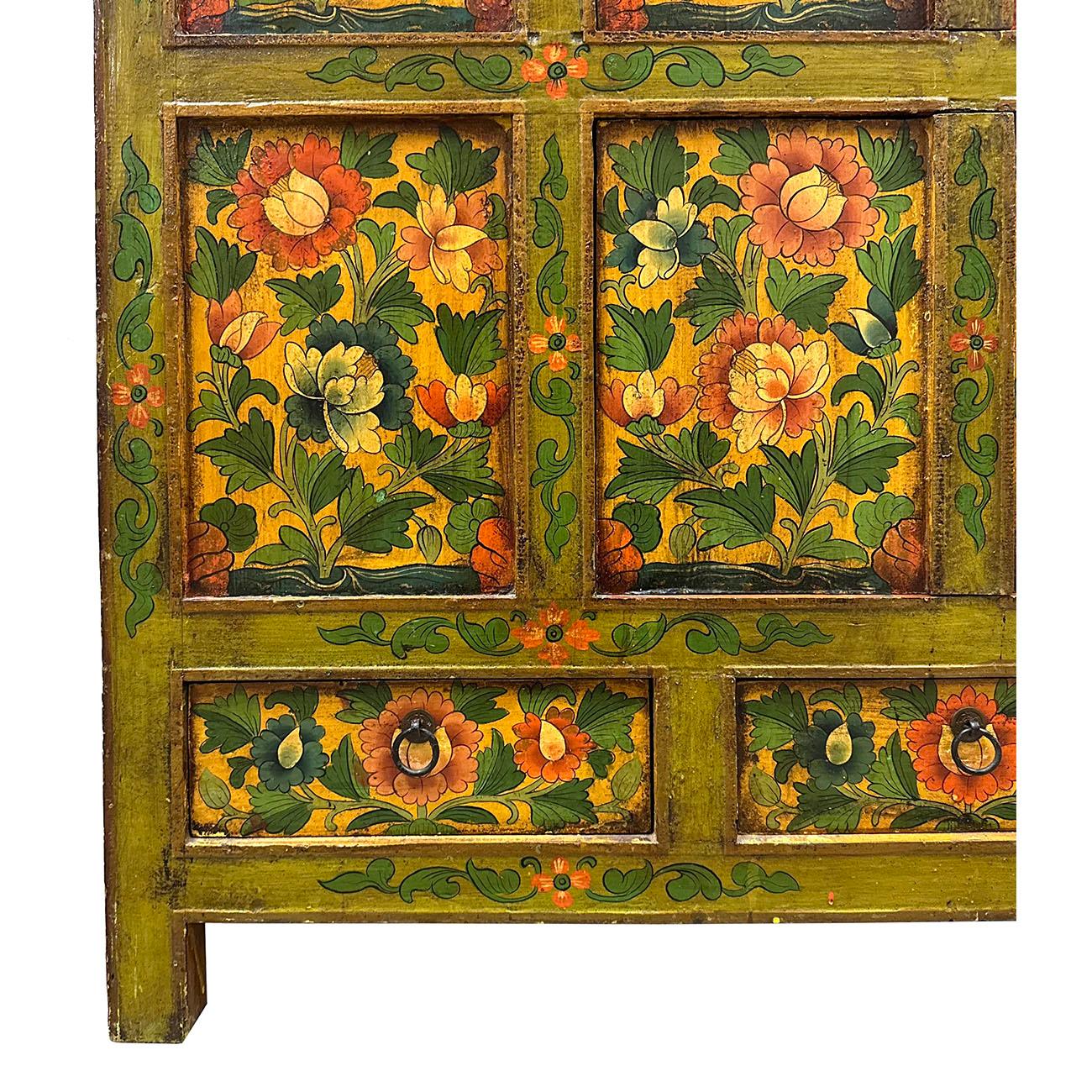 Wood 20th Century Antique Tibetan Hand Painted Tall Credenza Storage Cabinet For Sale