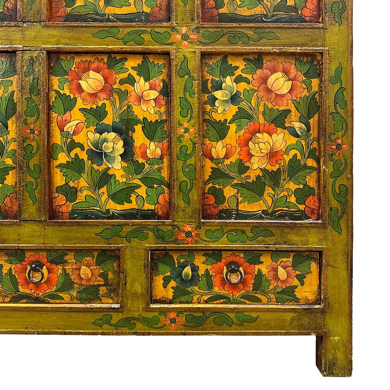 20th Century Antique Tibetan Hand Painted Tall Credenza Storage Cabinet For Sale 1