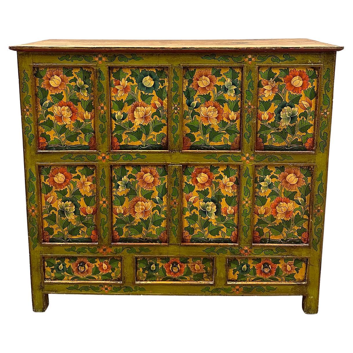 20th Century Antique Tibetan Hand Painted Tall Credenza Storage Cabinet For Sale