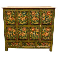 20th Century Antique Tibetan Hand Painted Tall Credenza Storage Cabinet