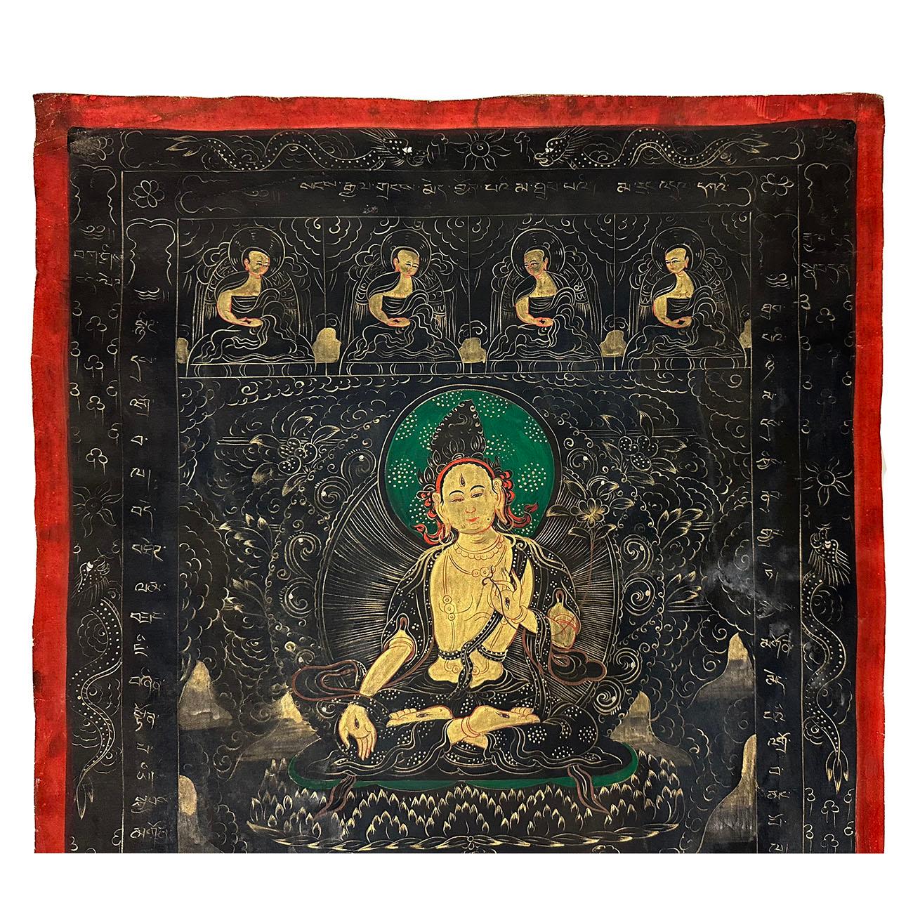 Tibetan Thangka, Kuan yin (Avalokitshvara), finely painted with colored inks on silk. It is all hand painted with Tibetan natural mineral color painting material which can last for a long time. On the back, there is a hand print of the artist on the