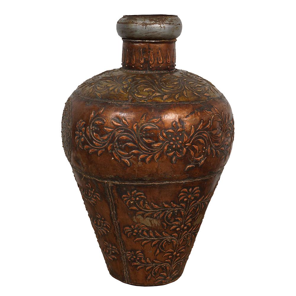This is handcrafted Tibetan container made from Tibetan copper and tin. It has hand crafted Tibetan folk art all over the container, very detailed carving works. It was designed for water, liqueur and/or milk, etc. It is very popular in Tibetan folk