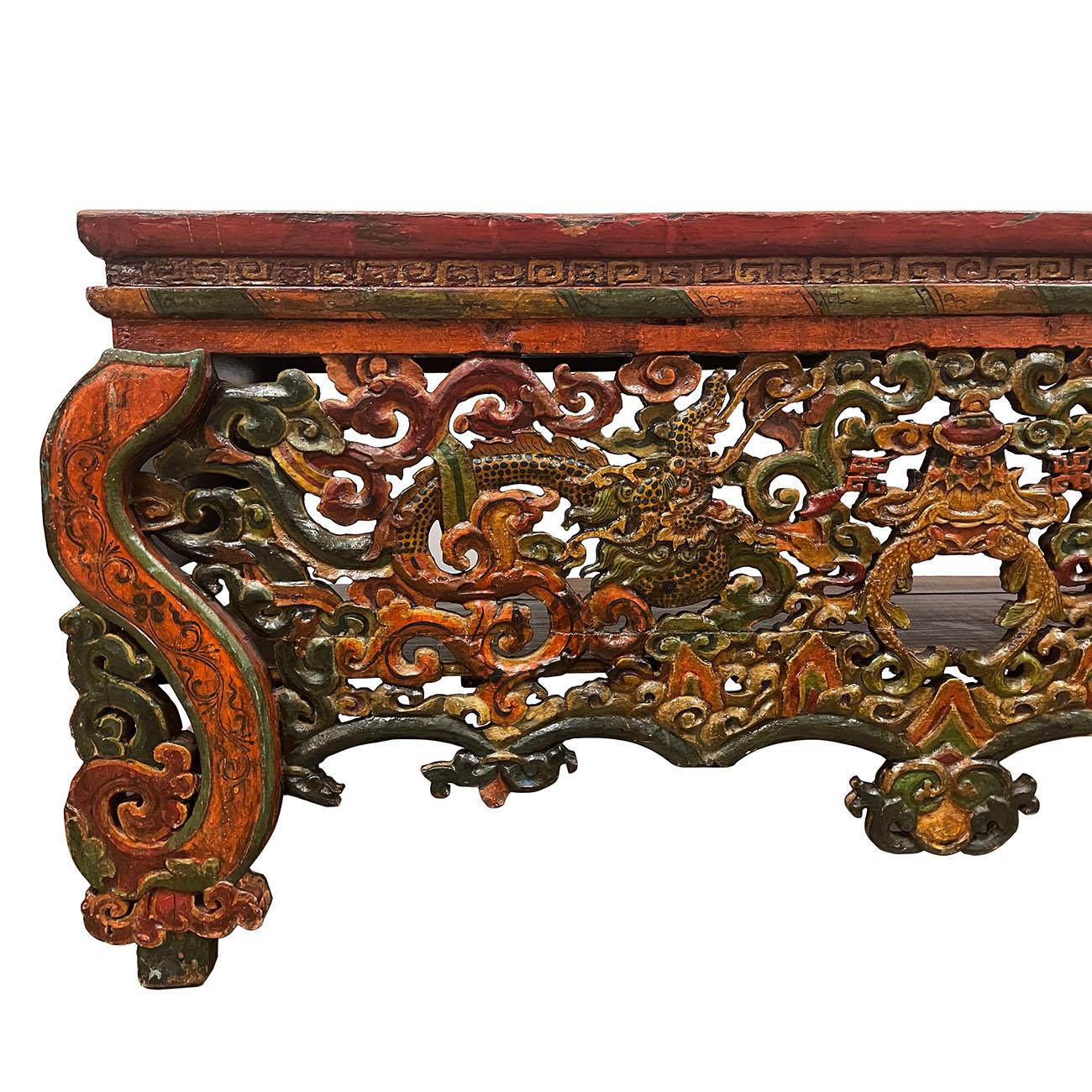 20th Century Antique Tibetan Open Carved Altar Prayer Coffee Table In Good Condition In Pomona, CA