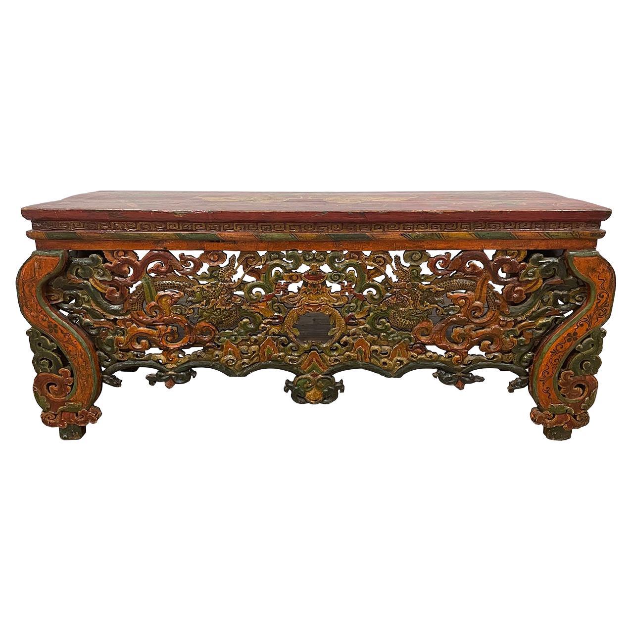 20th Century Antique Tibetan Open Carved Altar Prayer Coffee Table