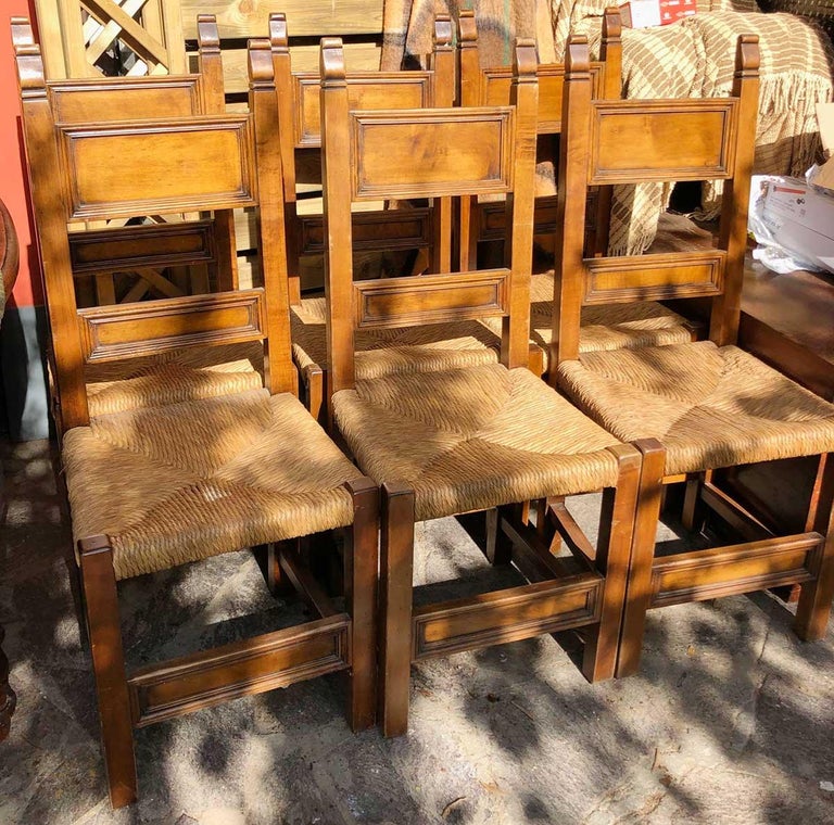 20th Century Antique Tuscan solid Walnut Set Six Chairs Stuffing