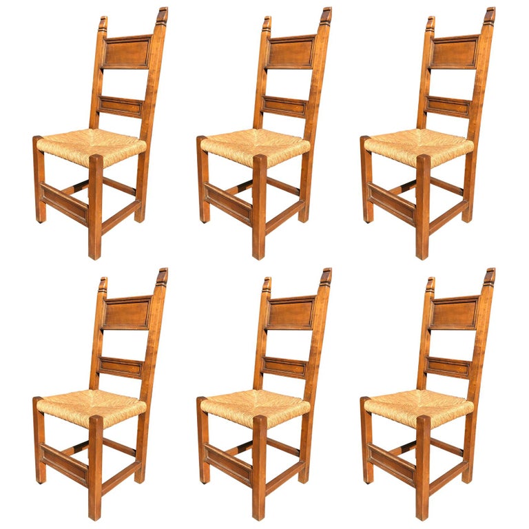 20th Century Antique Tuscan solid Walnut Set Six Chairs Stuffing