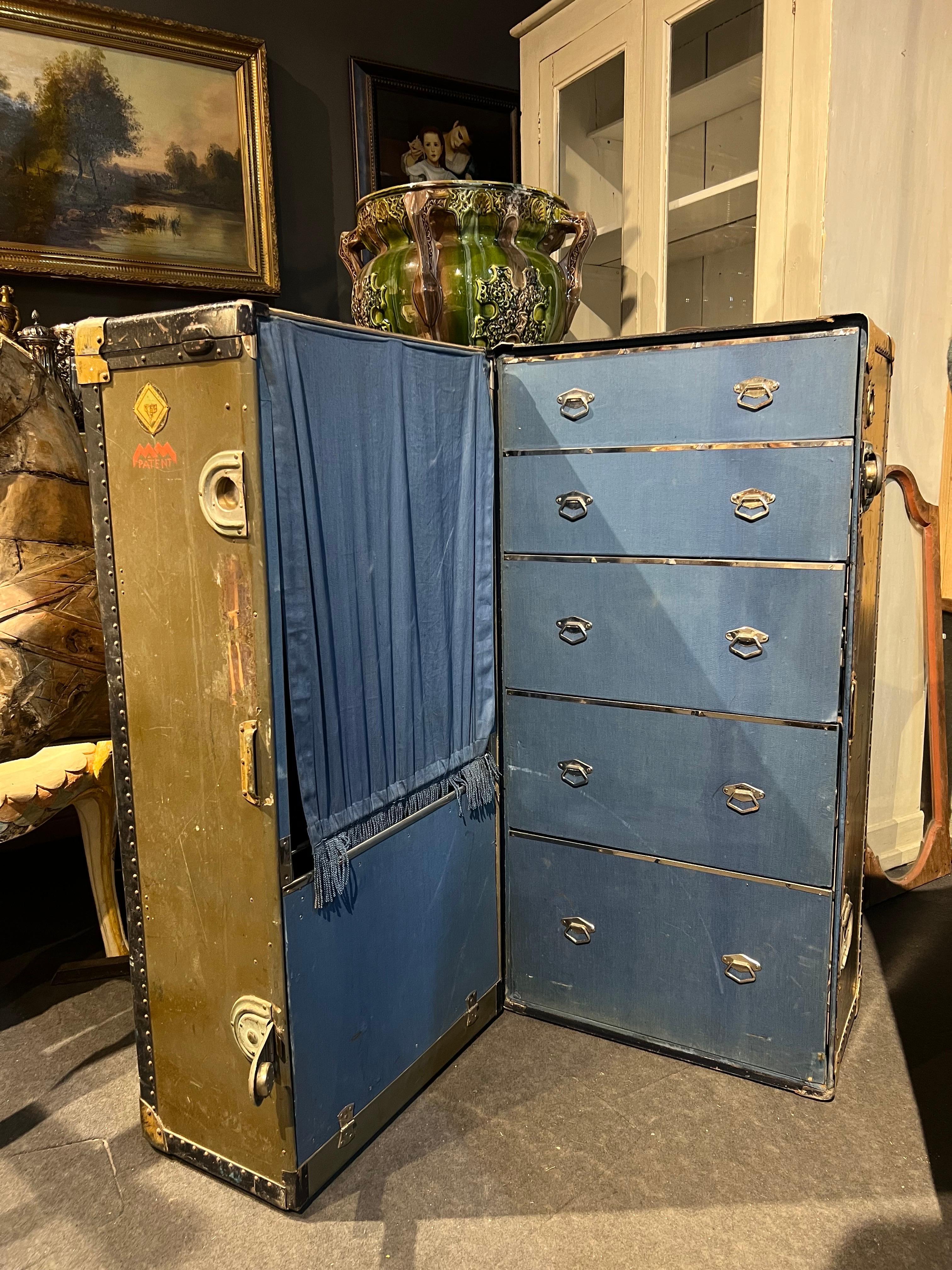 French 20th Century Antique Wardrobe Steamers Trunk in Green Leather by Madler Koffer For Sale