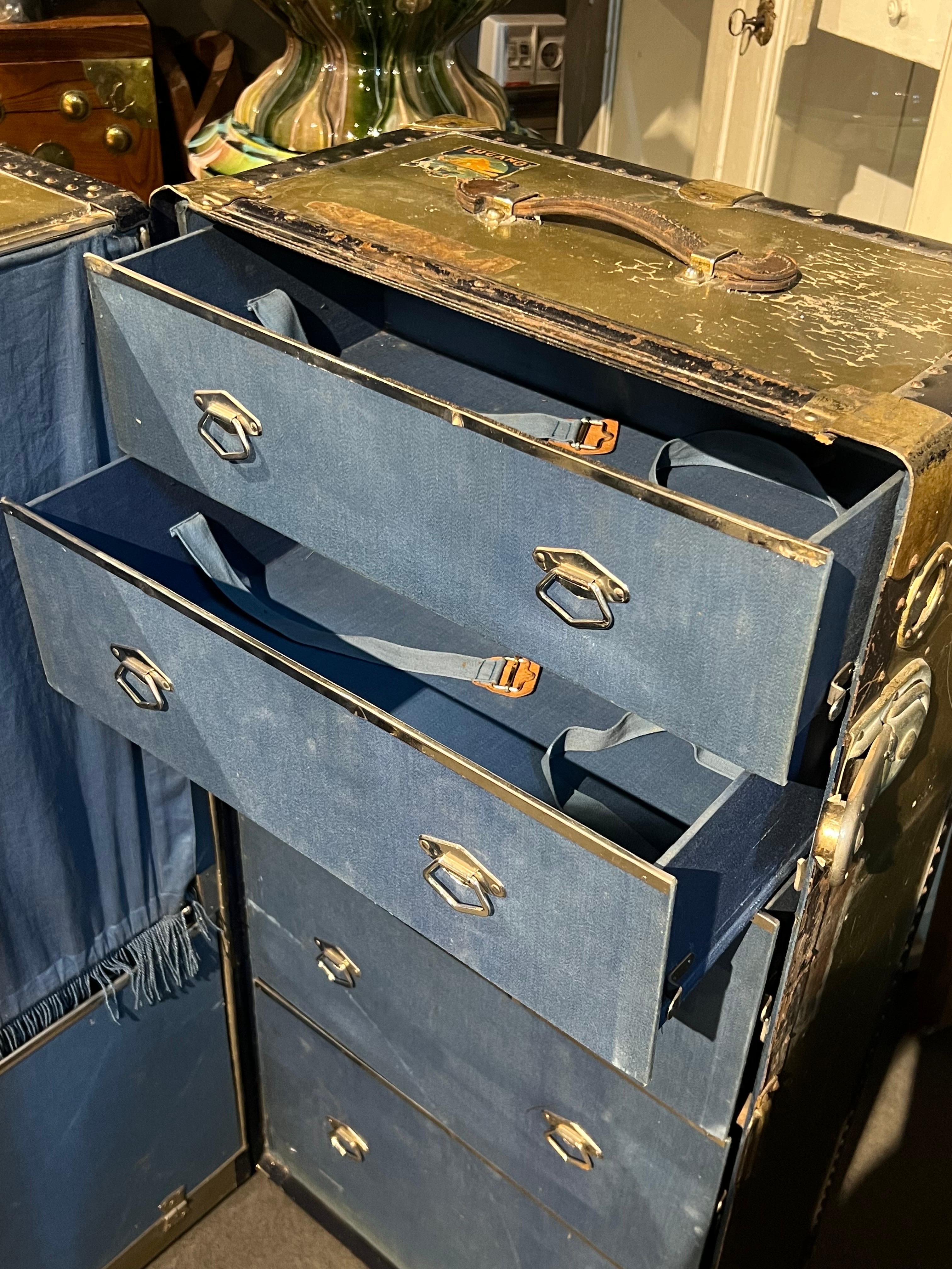 Brass 20th Century Antique Wardrobe Steamers Trunk in Green Leather by Madler Koffer For Sale