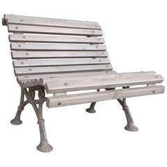 20th Century Used White Garden Bench with Wood Slabs and Cast Iron Legs