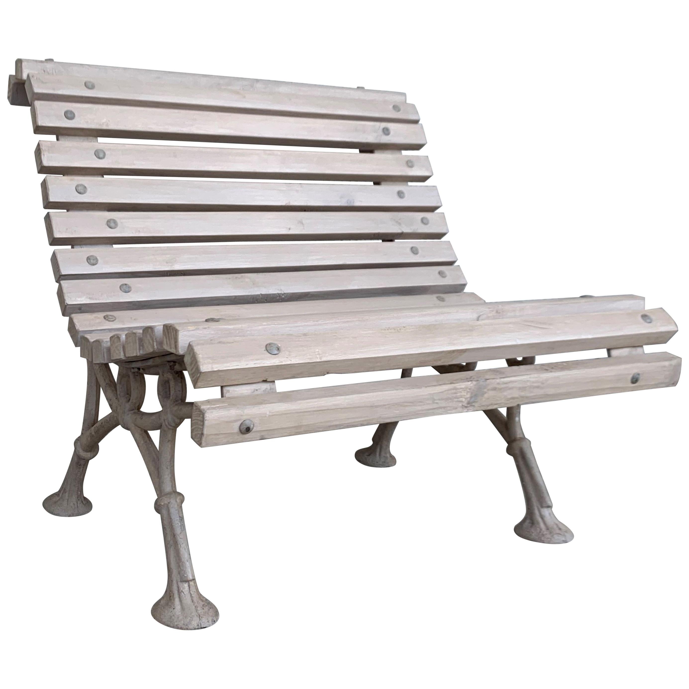 20th Century Antique White Garden Bench with Wood Slabs and Cast Iron Legs 1