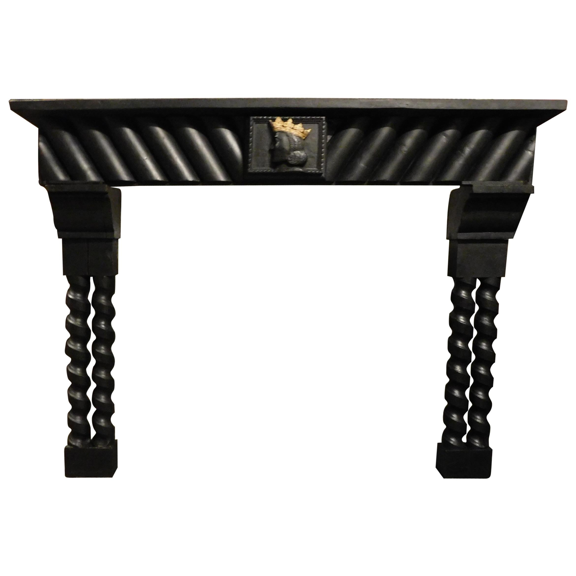 20th Century Antique Wood Lacquered Fireplace with Goldened King Face