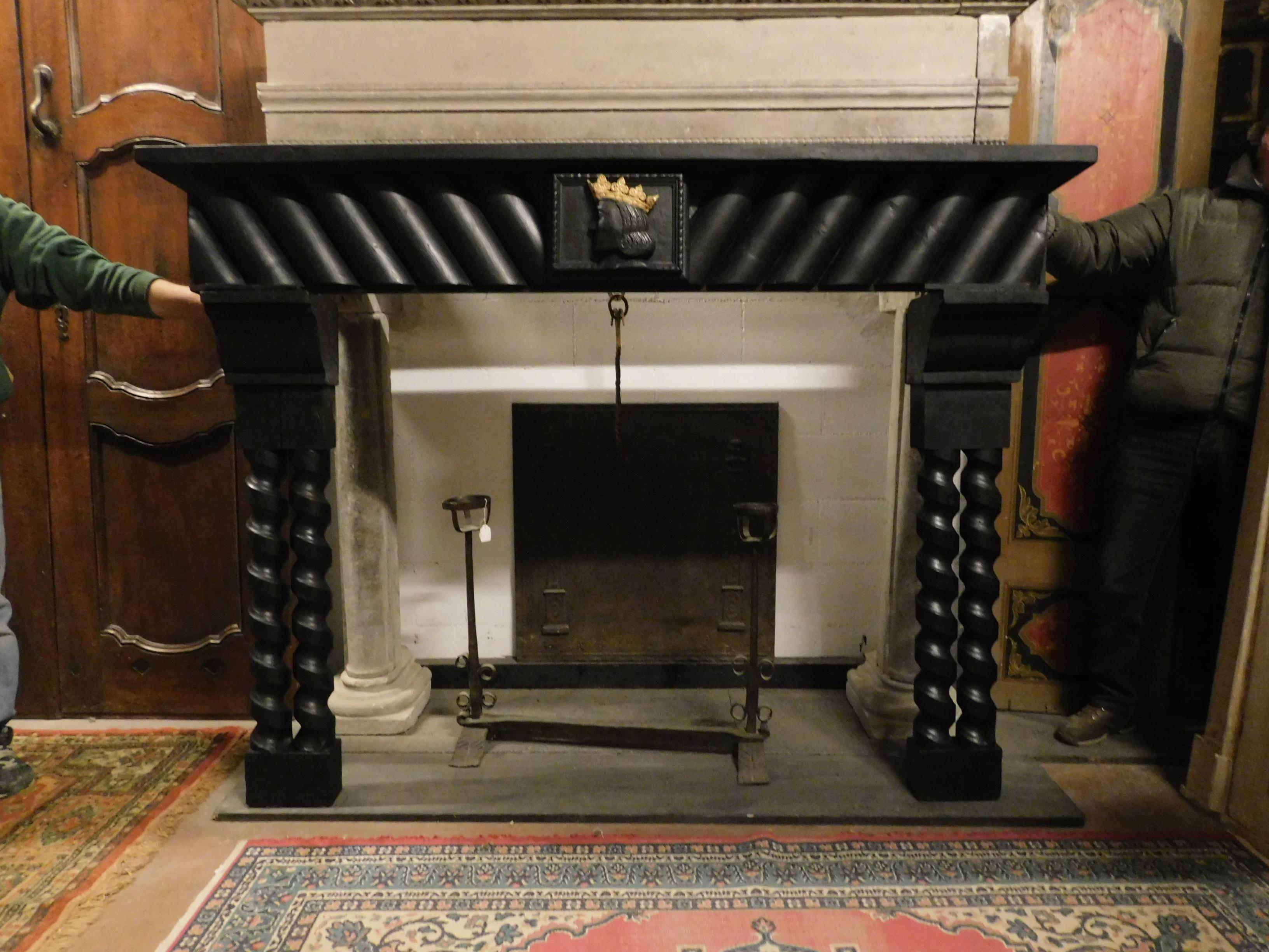 20th century antique wood lacquered fireplace with goldened king face, Italian, 1920.