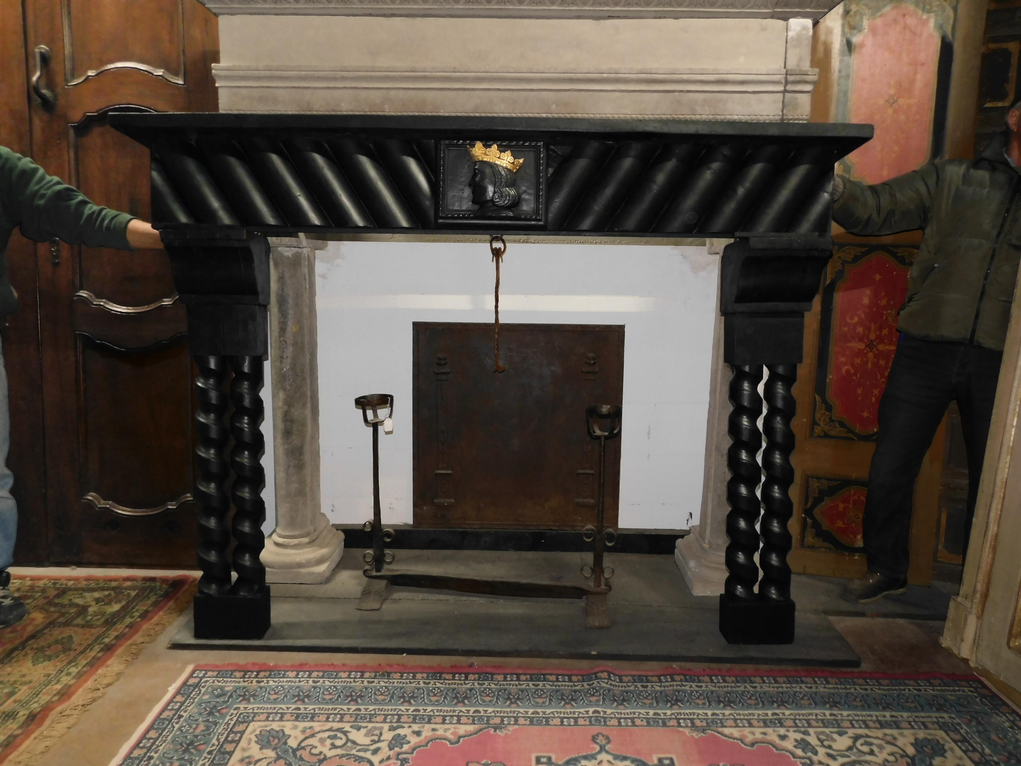 Early 20th Century 20th Century Antique Wood Lacquered Fireplace with Goldened King Face For Sale
