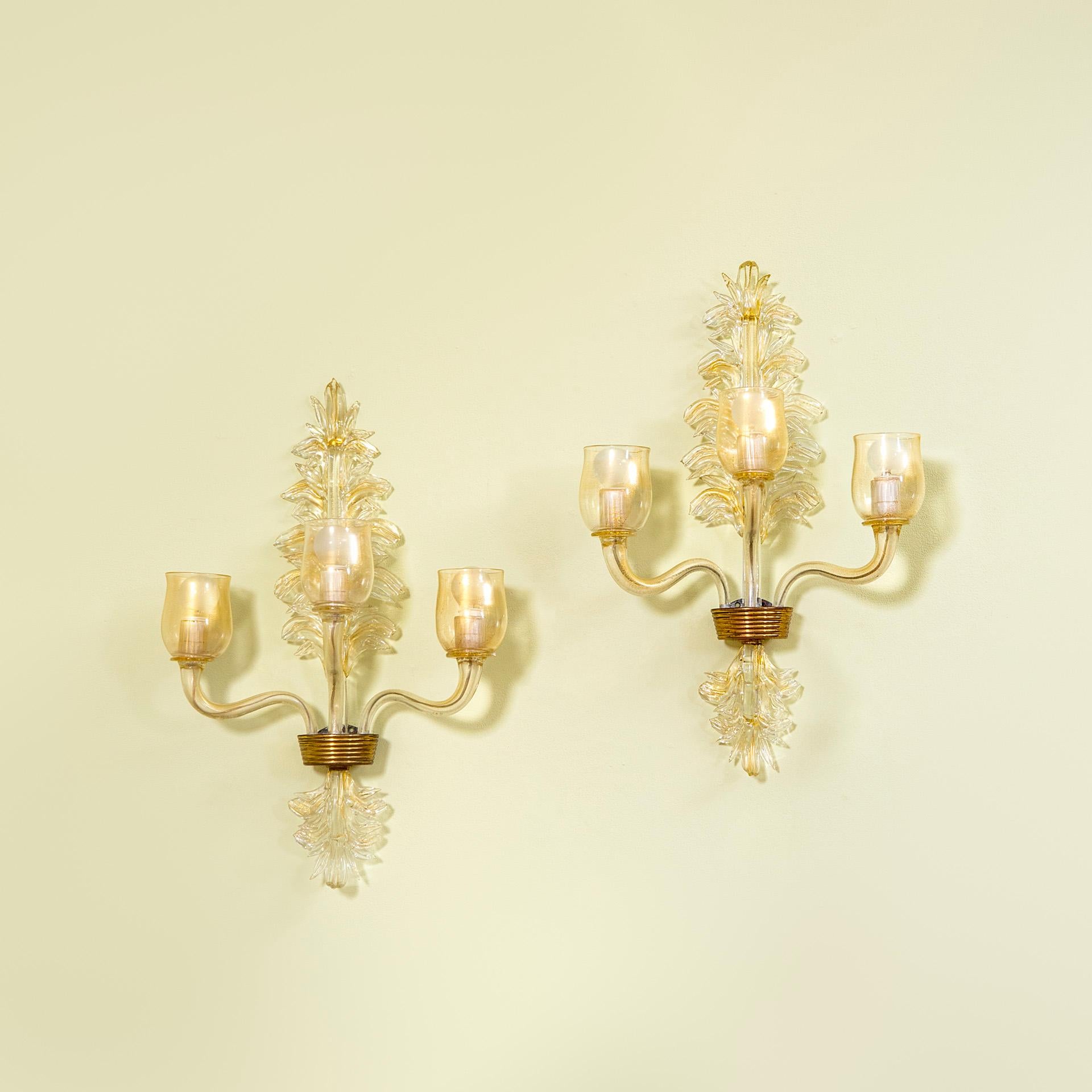 Mid-Century Modern paire d'appliques murales en verre de Murano Archimede Seguso du 20e siècle en vente