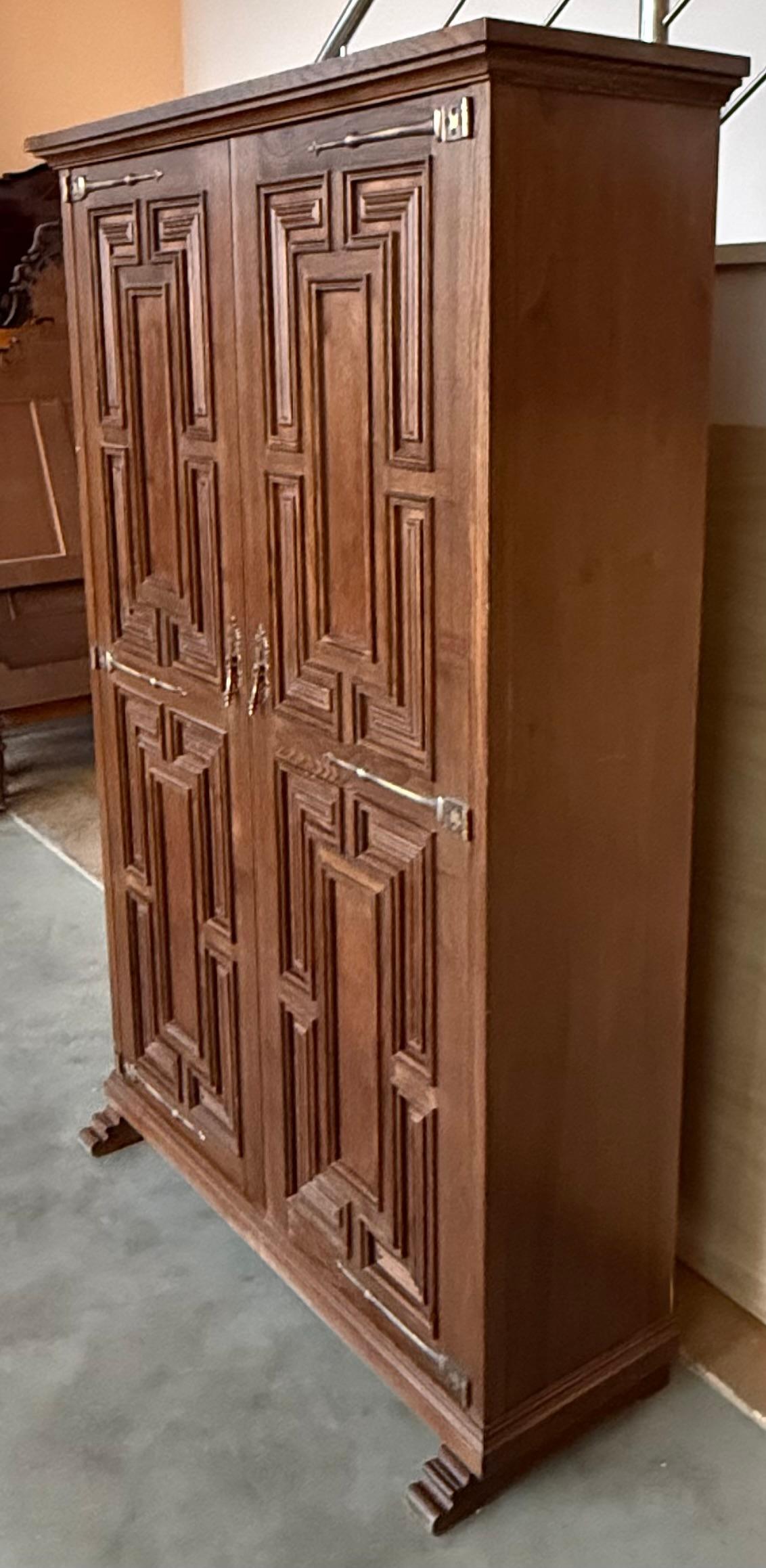 Spanish 20th Century Armoire, Kitchen Cabinet with Two Doors, Carved Walnut, Spain For Sale