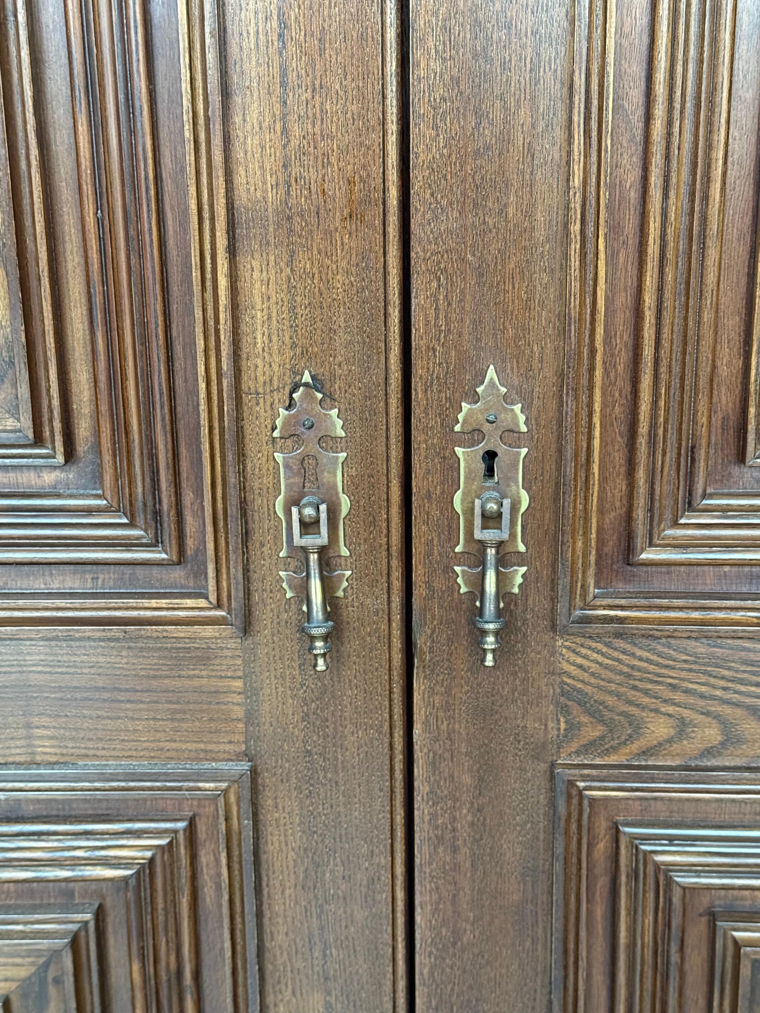 Iron 20th Century Armoire, Kitchen Cabinet with Two Doors, Carved Walnut, Spain For Sale