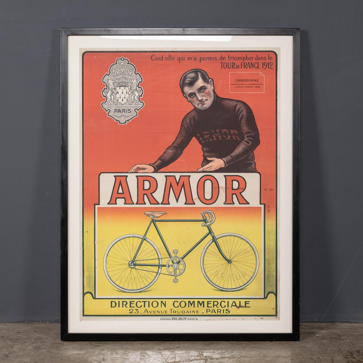 “She allowed me to triumph in the 1912 Tour de France” says Eugène Christophe the Parisian hero of the Tour de France, an original advertisement for Armor Bicycles from the 1912. This superb large posters comes with a timeless made to measure custom