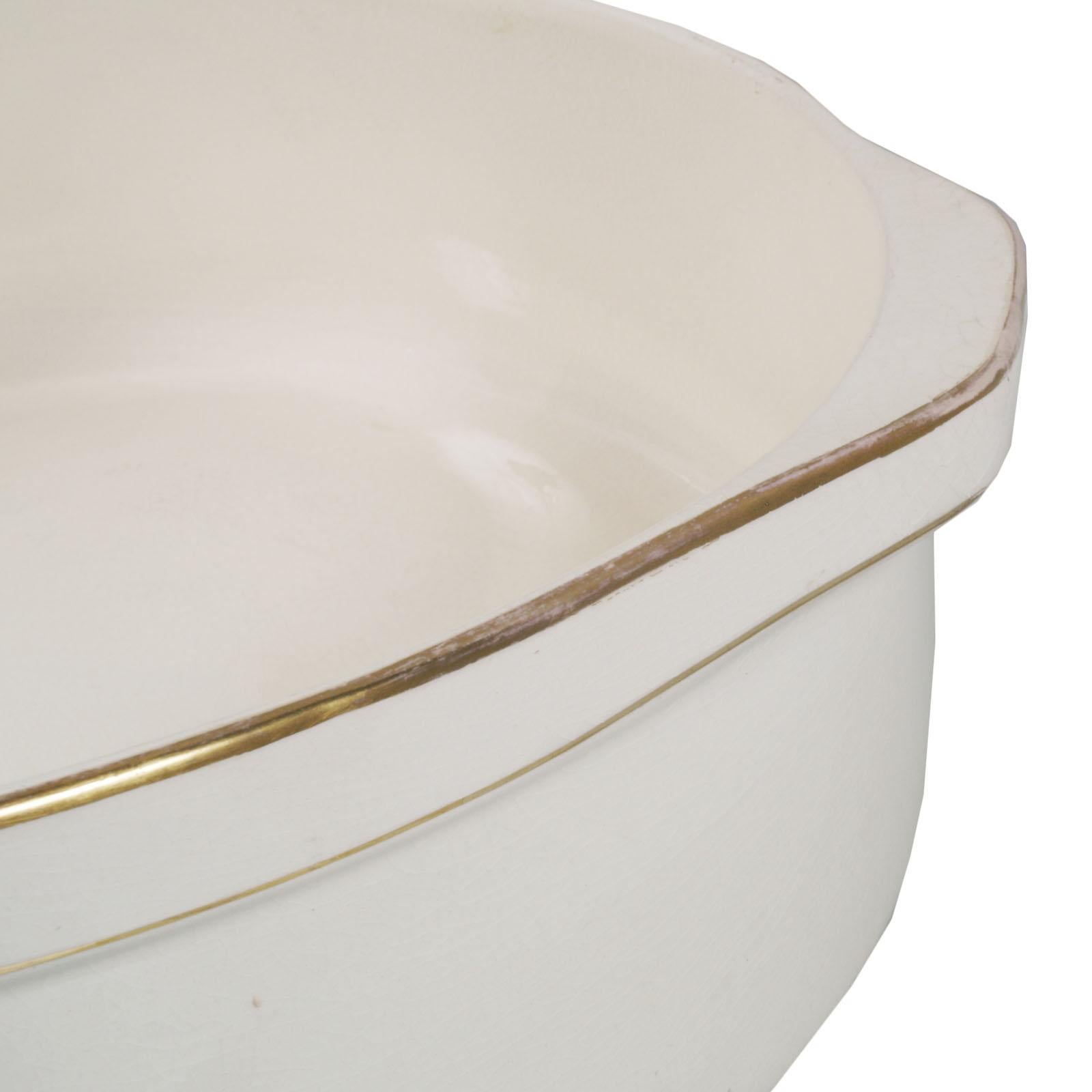1930s circa glazed large ceramic basin by Villeroy & Boch , Mettlach , Germany
External gilt profiling decorative . On the upper edge two handles are shaped to facilitate the movement of the piece .
The piece is intact and free from breakage,