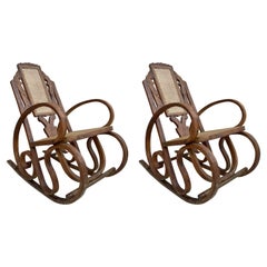 20th Century Art Deco Bentwood Rocking Chairs with Reed Seats, Set of 2