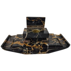 20th Century Art Deco Black and Gold Portoro Marble Italian Inkwell