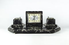 20th Century Art Déco Black Marble Desk Clock and Inkwells with Base, France
