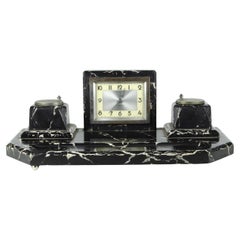 20th Century Art Déco Black Marble Desk Clock and Inkwells with Base, France