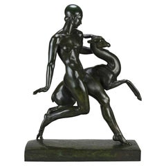 20th Century Art Deco Bronze Study entitled "Nymph & Deer" by Pierre Traverse