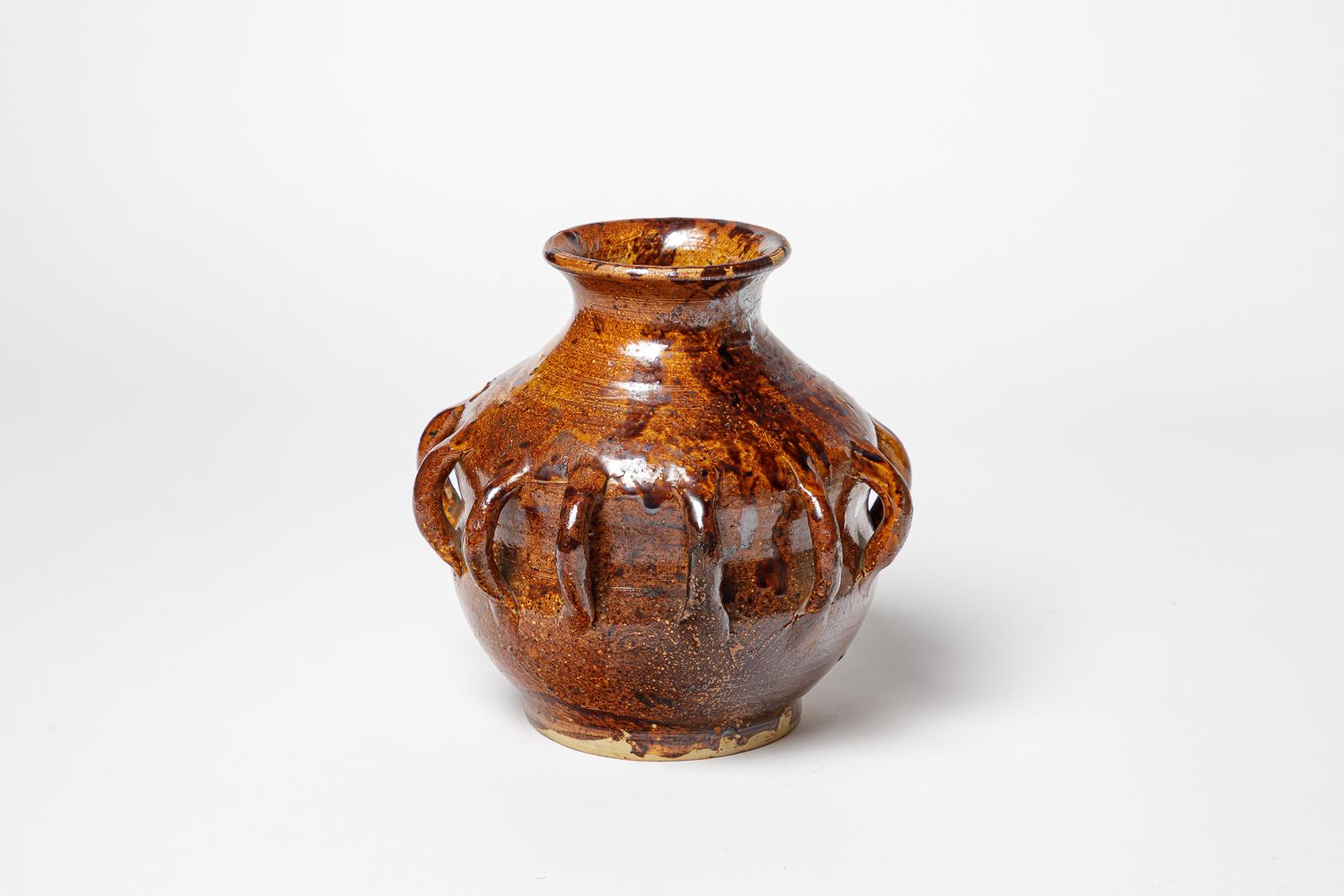 20th century art deco brown stoneware ceramic vase by Primavera 1930 In Excellent Condition For Sale In Neuilly-en- sancerre, FR