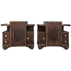 Vintage 20th Century Art Deco Carved Pair of Nightstands with Two Doors and Drawers