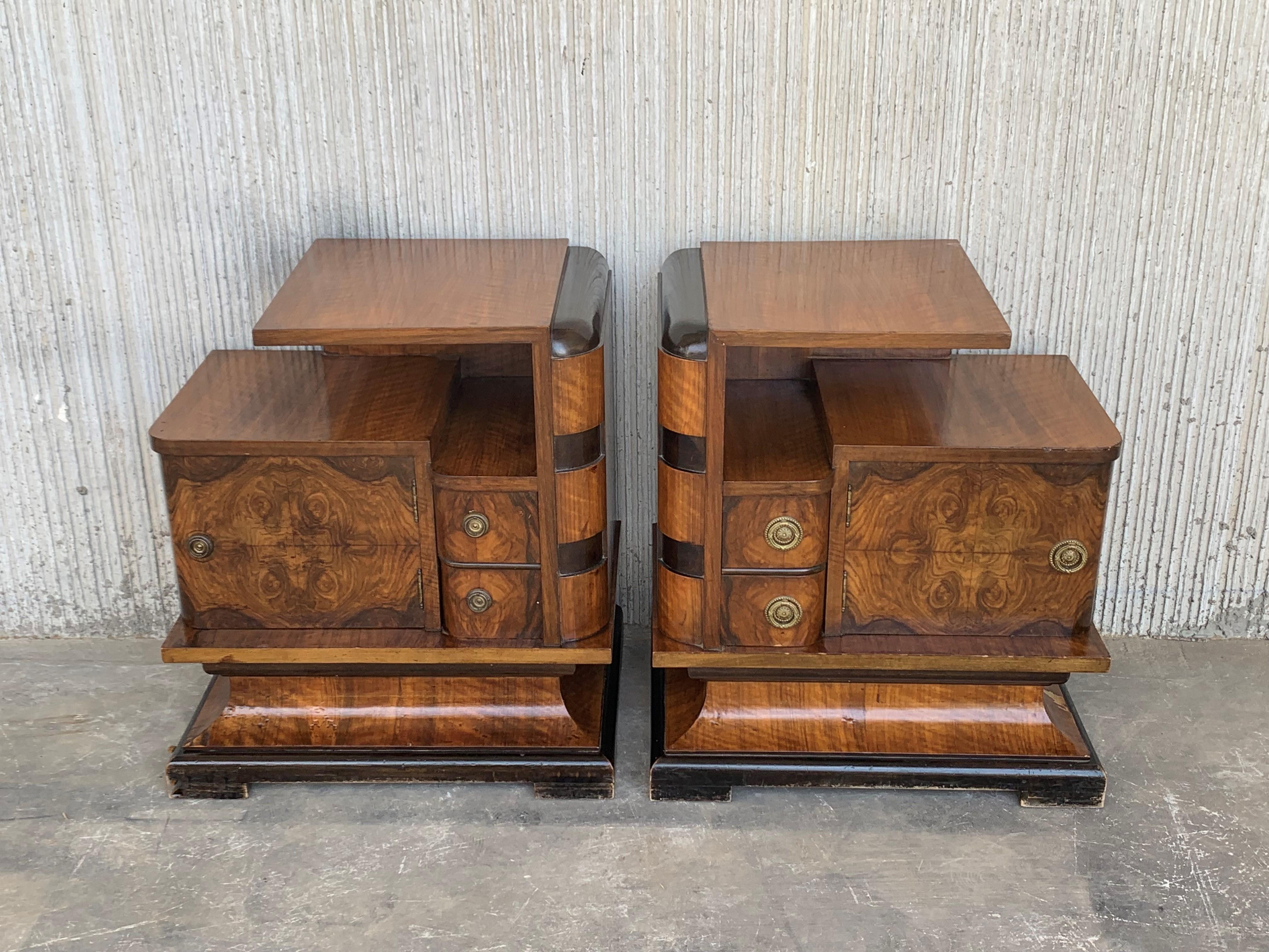 20th century Art Deco carved pair of nightstands - bedsides with doors and two drawers.

Height to the 1st shelve: 18.5in.
 