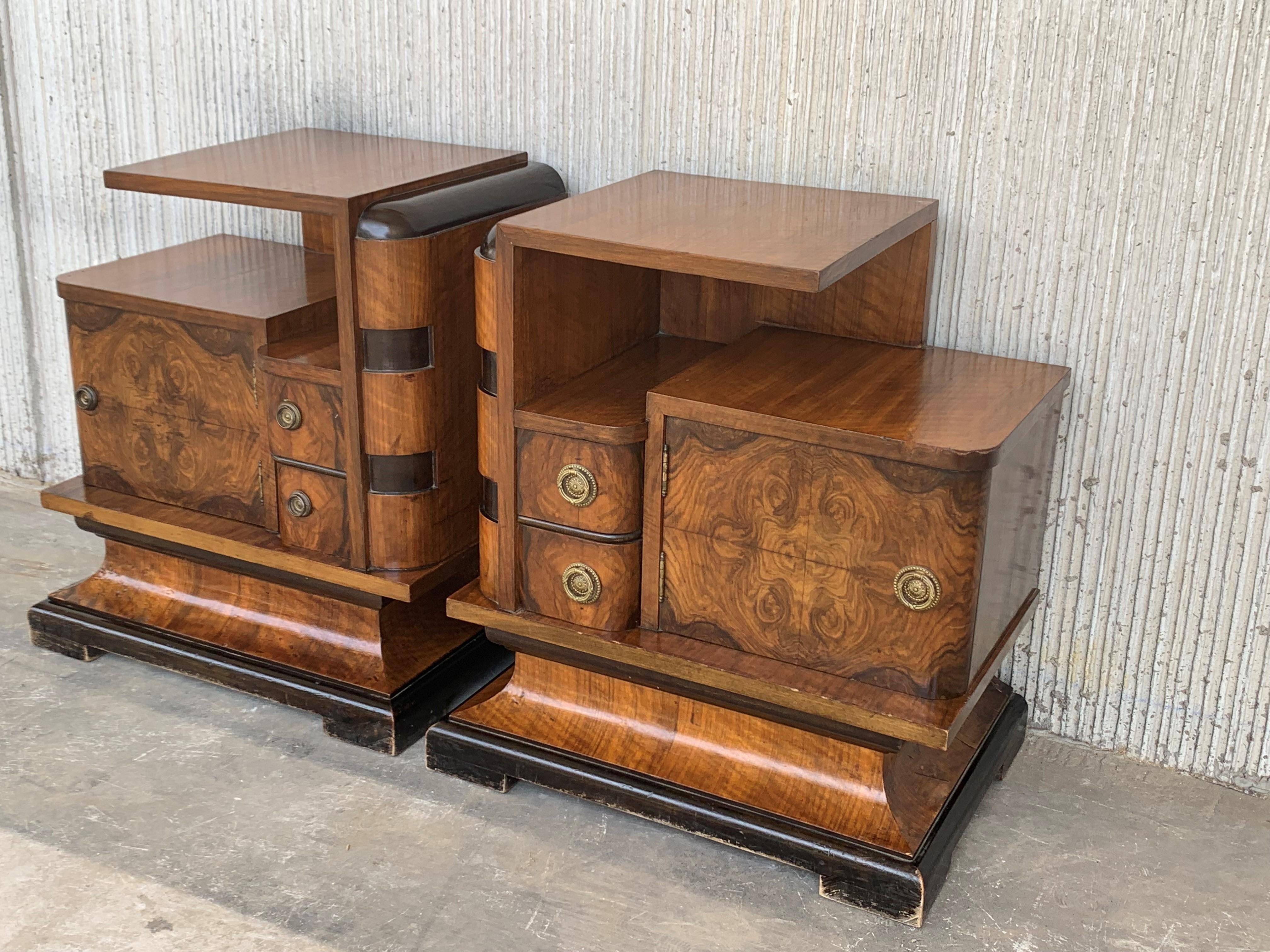 Spanish 20th Century Art Deco Carved Pair of Nightstands with Two Drawers and Door