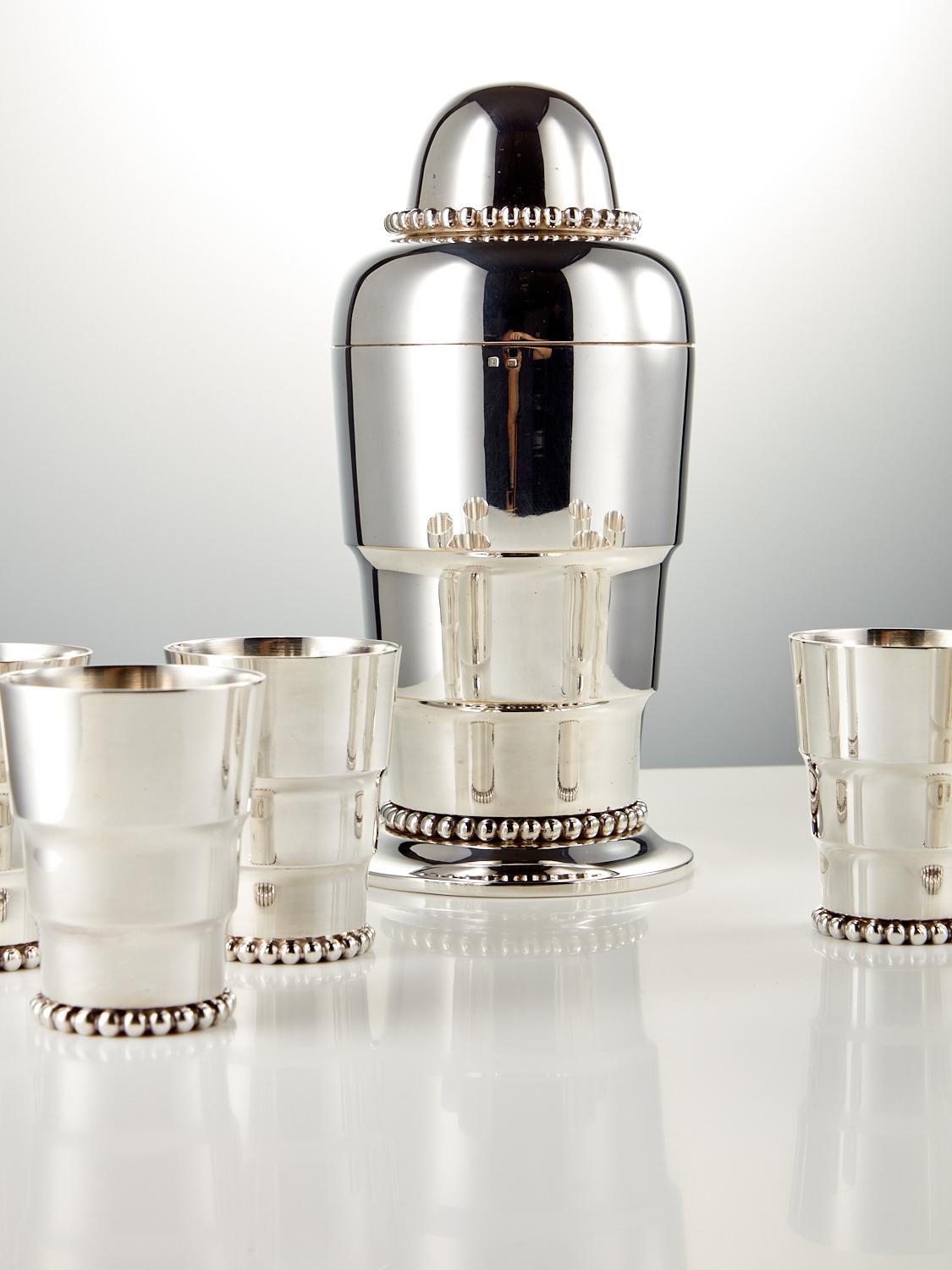 Austrian 20th Century Art Deco Cocktail Shaker Set with Six Cups Austria Circa 1920
