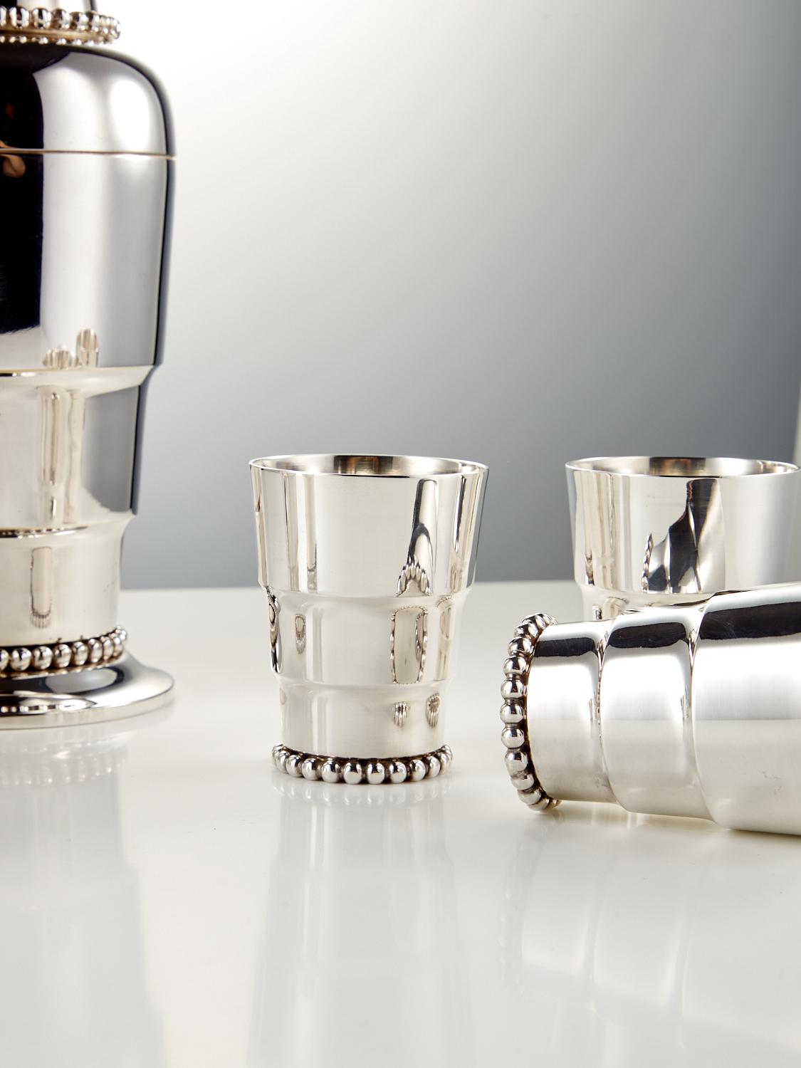 Silver Plate 20th Century Art Deco Cocktail Shaker Set with Six Cups Austria Circa 1920