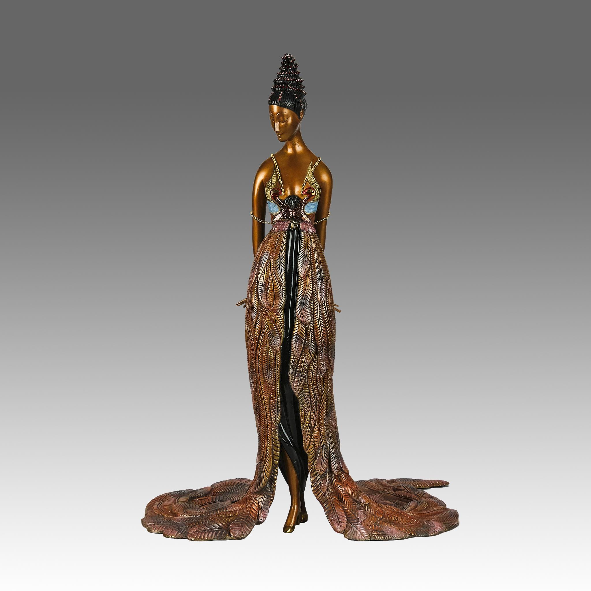 A wonderful limited edition Art Deco bronze sculpture depicting a young woman in a striking colourful floor-length gown, adorned with two stylized birds' heads at the bodice and a flowing feathered base. Signed Erté, dated 1989, and numbered
