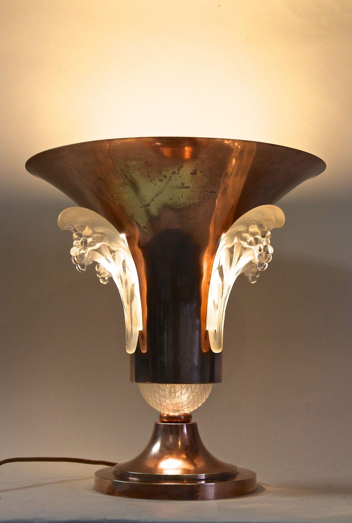 20th Century Art Deco Copper Table Lamp With Lalique Glass, France ca 1920 For Sale 13