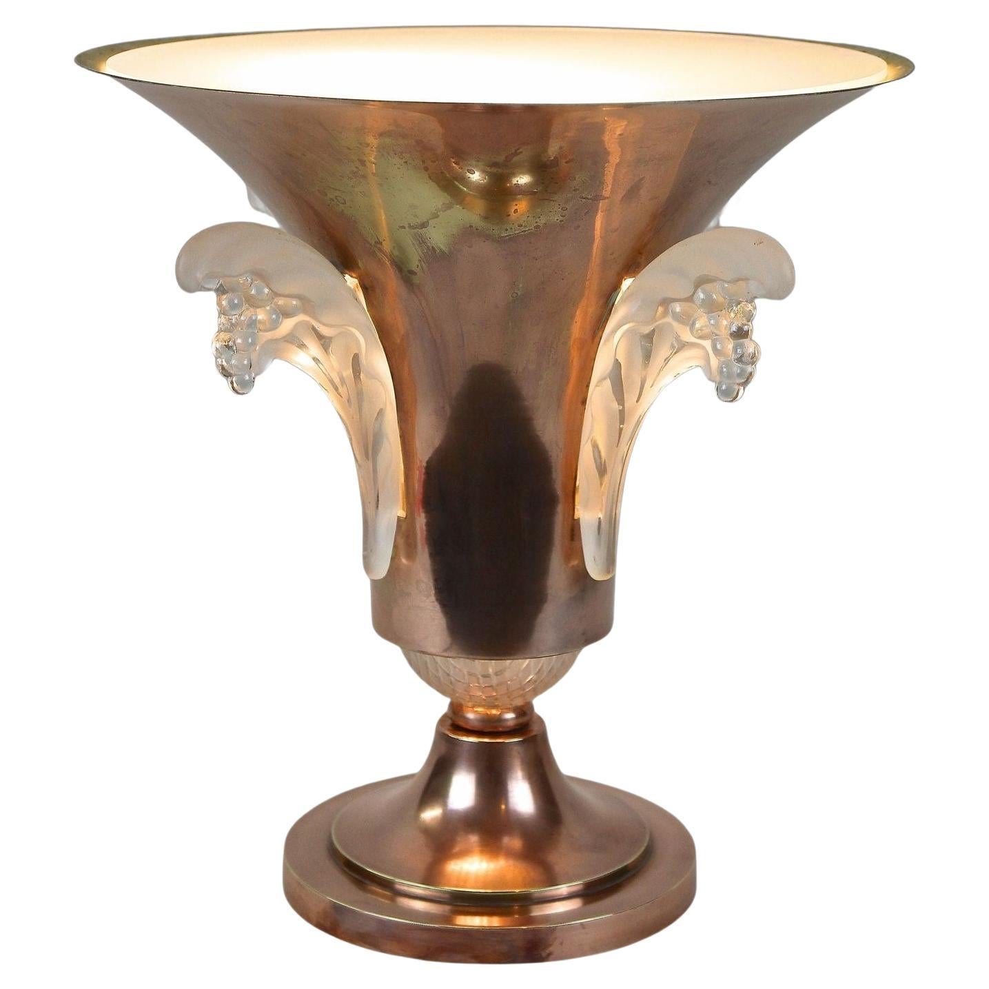 20th Century Art Deco Copper Table Lamp With Lalique Glass, France ca 1920 For Sale