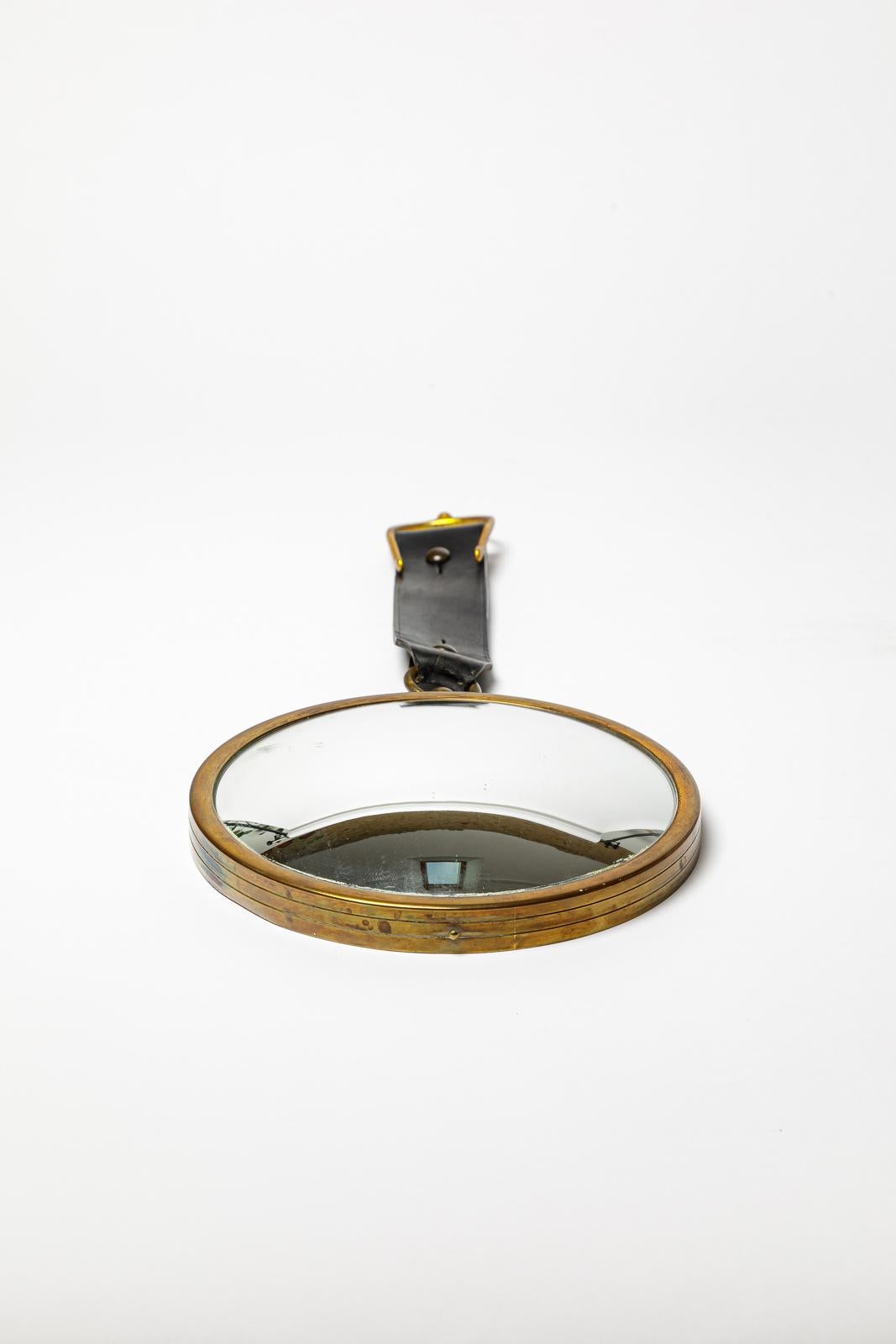 Mid-Century Modern 20th century art deco design leather and curved wall mirror att. Jacques Adnet For Sale