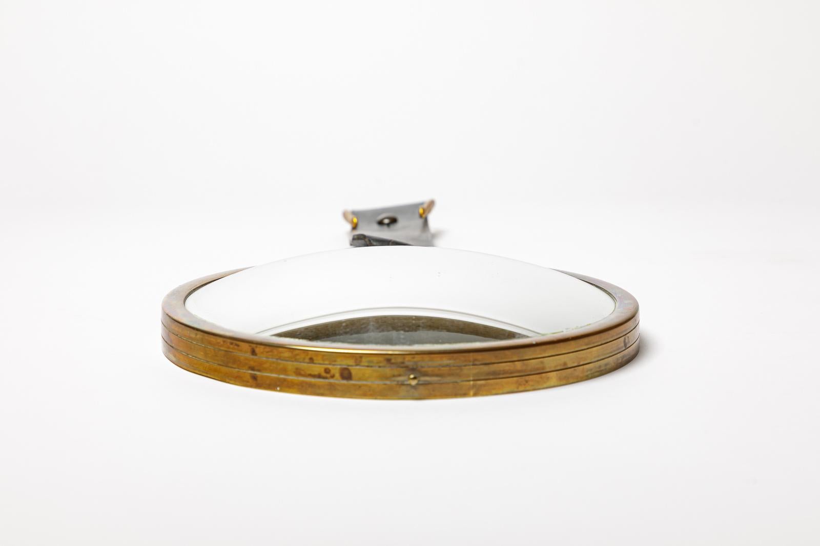 French 20th century art deco design leather and curved wall mirror att. Jacques Adnet For Sale