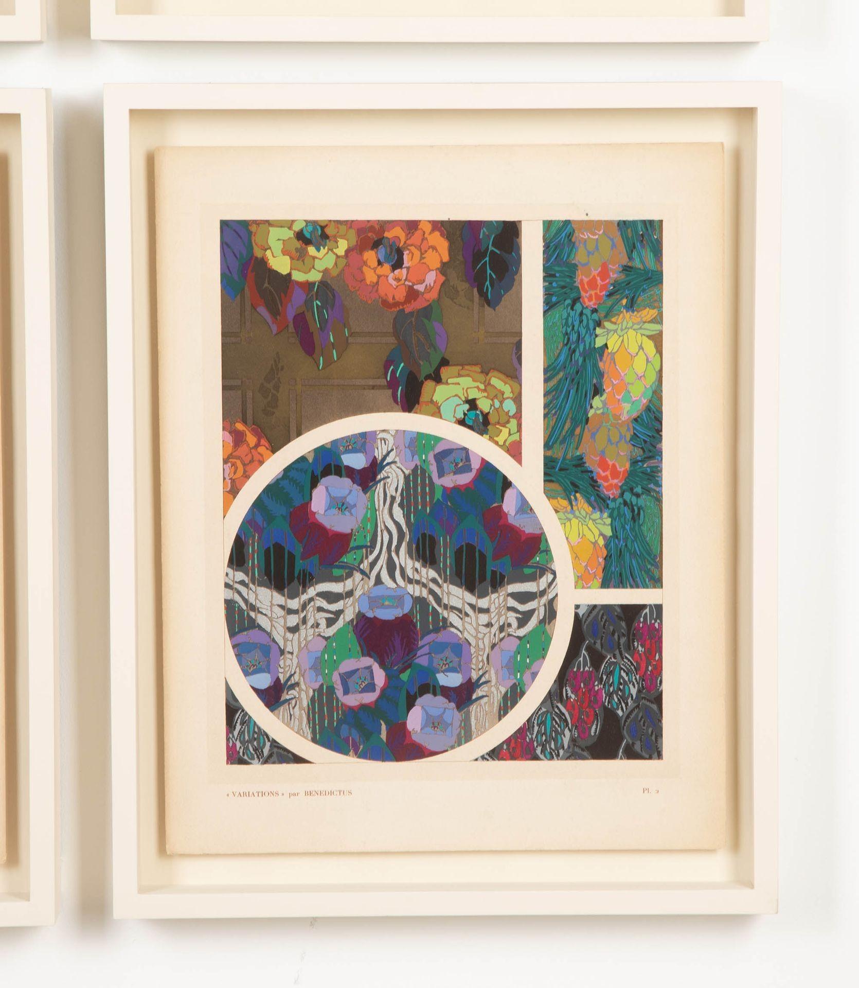 Variaciones de Edouard Benedictus.

Colección de nueve diseños originales Art Decó impresos en pochoir de coloridos motivos florales abstractos para tejidos, papeles pintados, etc., de Edouard Benedictus, estarcidos por Jean Saudé, publicados por