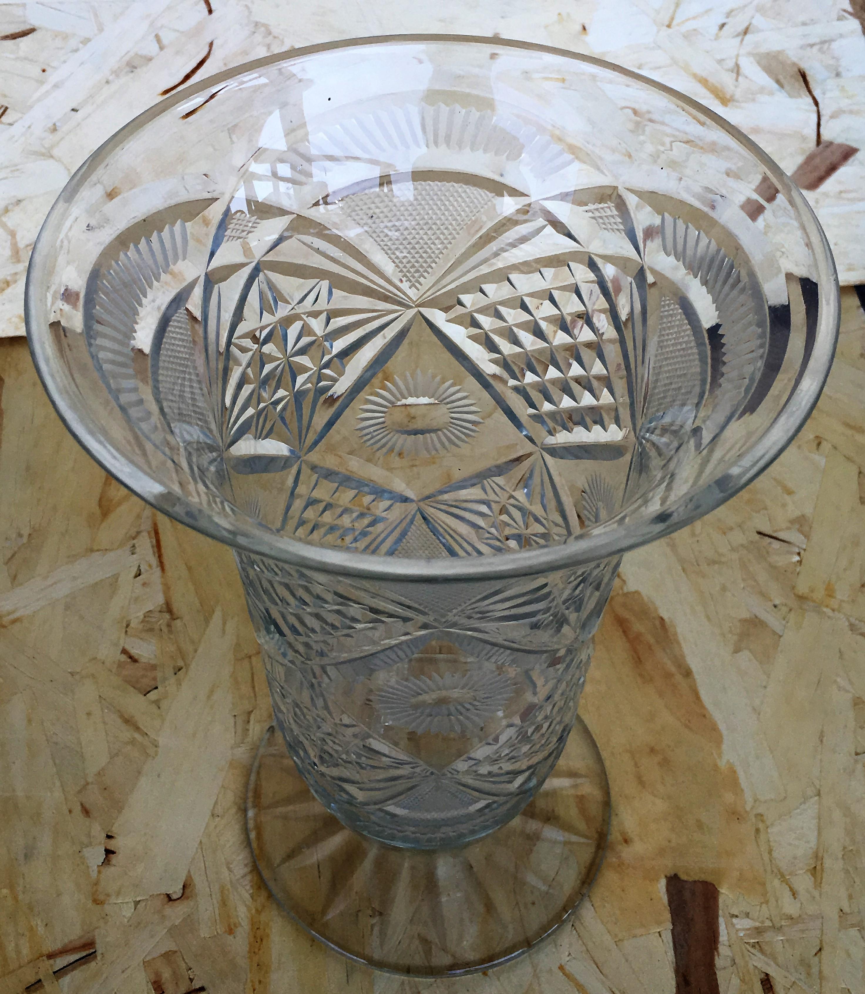 Italian 20th Century Art Deco Etched Carved Glass Vase with Ornamental Motifs For Sale
