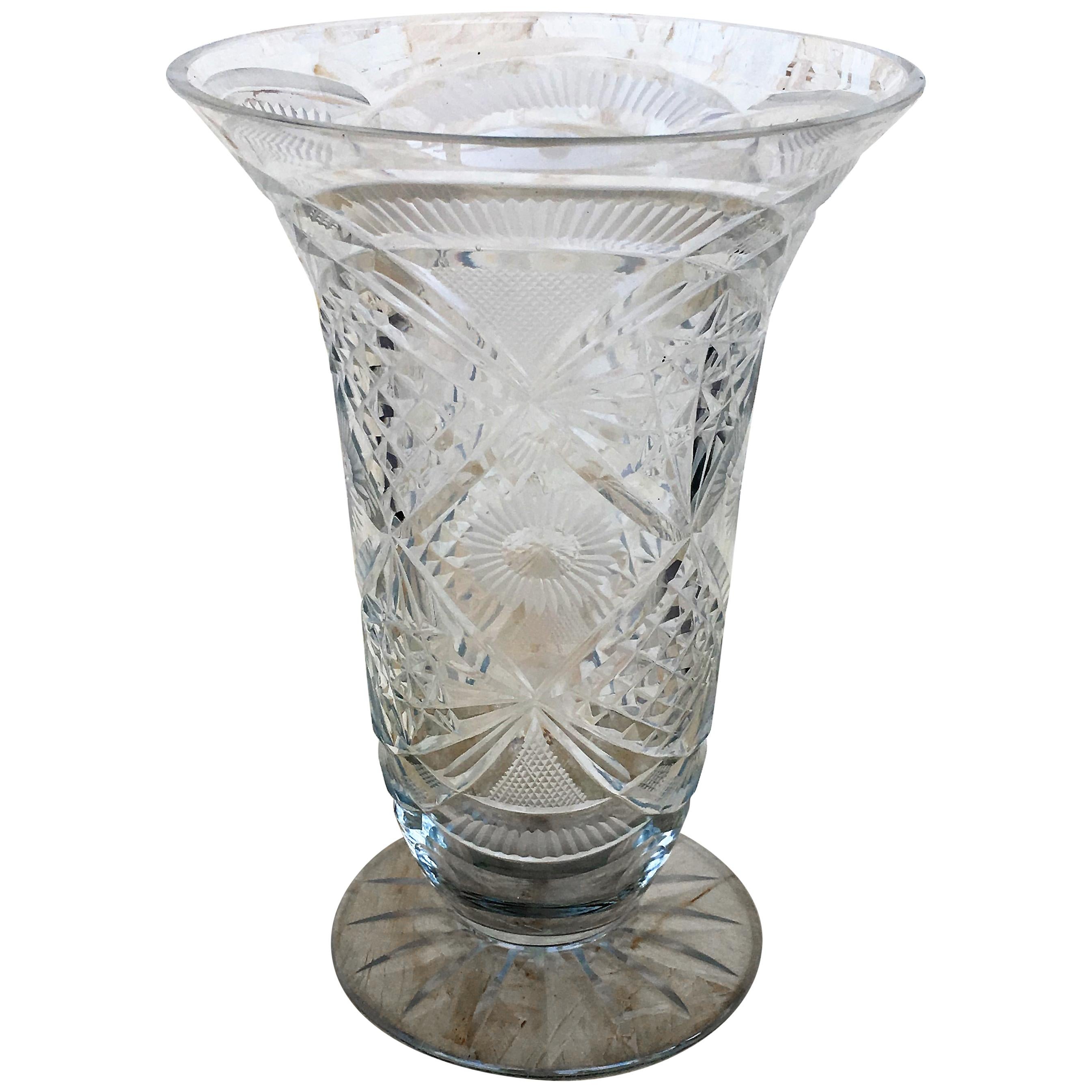 20th Century Art Deco Etched Carved Glass Vase with Ornamental Motifs For Sale