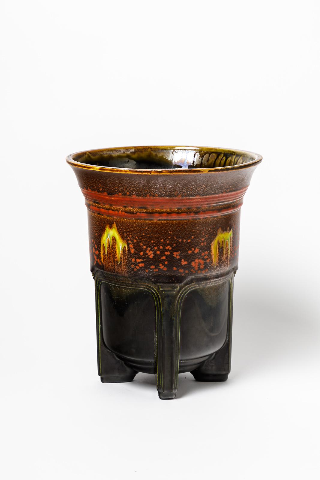 20th Century Art Deco French Red Black Ceramic Planters Flower Pot 1930 Fives  In Excellent Condition In Neuilly-en- sancerre, FR