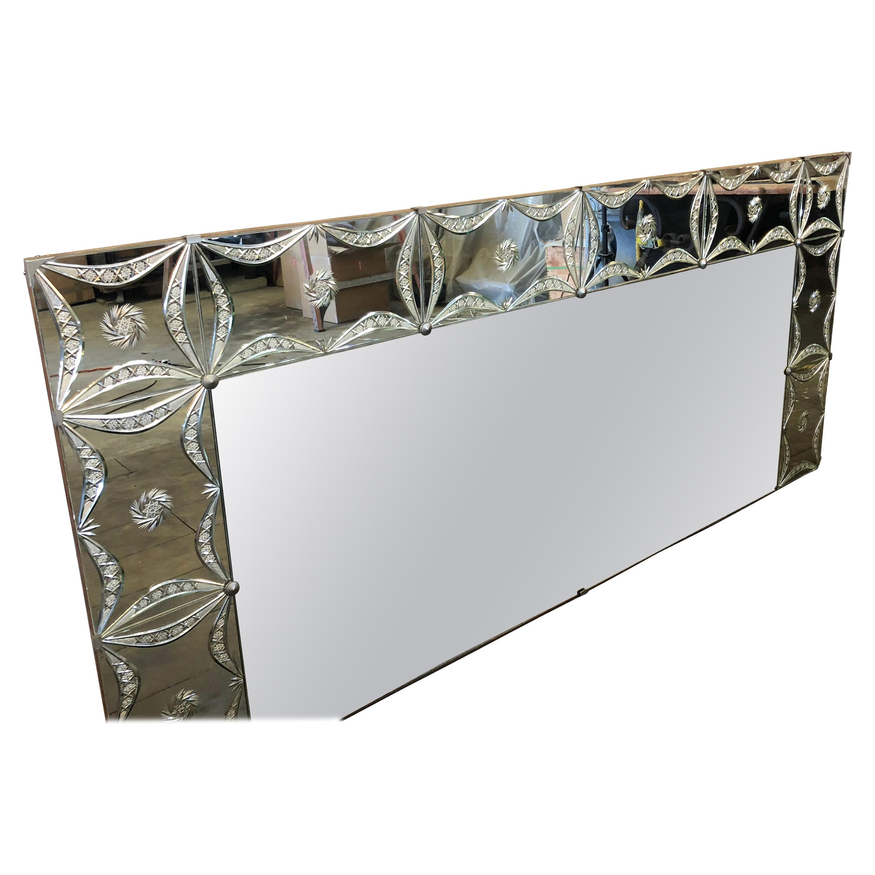 Hand-Crafted 20th Century Silver French Horizontal Vintage Art Deco Glass Wall Mirror