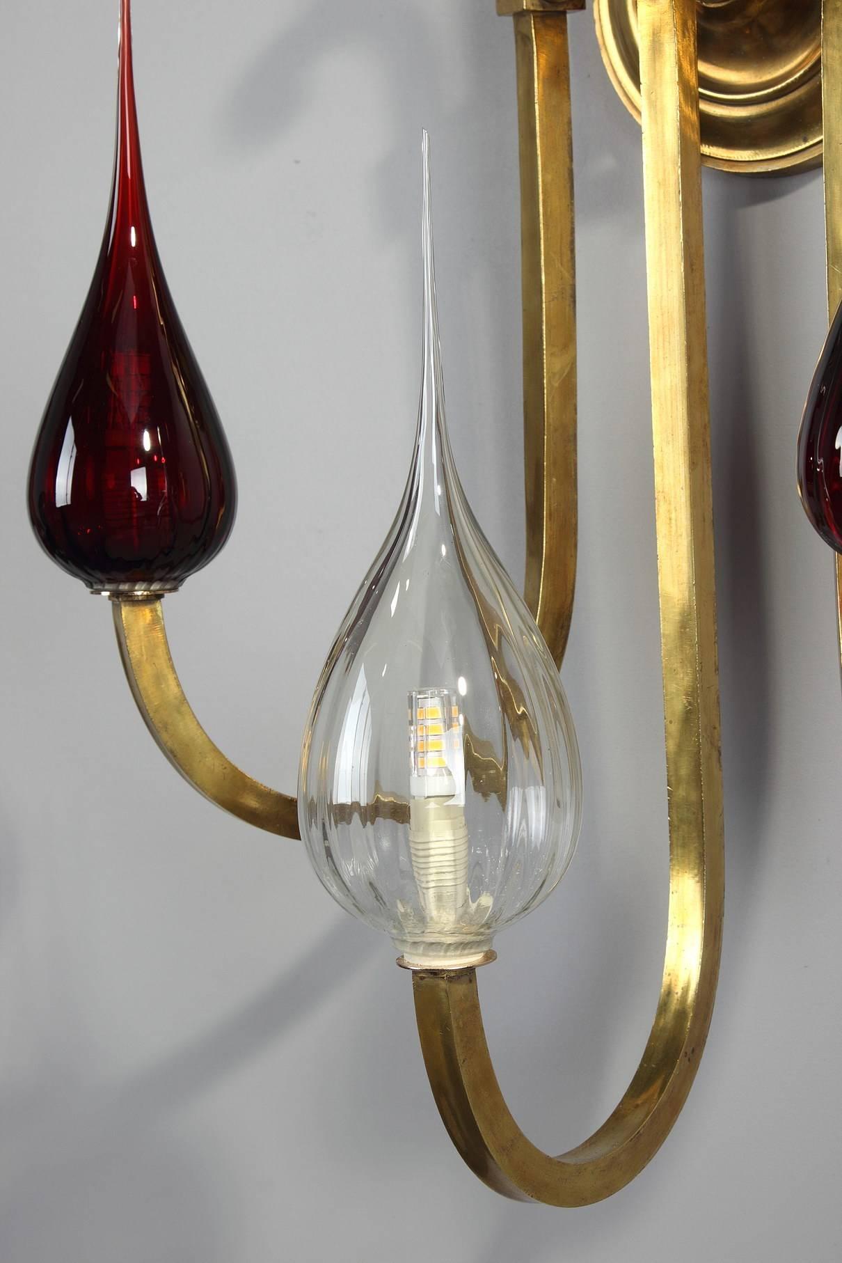 Gilt 20th Century Art Deco Gilded Brass Sconce with Contemporary Glass Globes For Sale