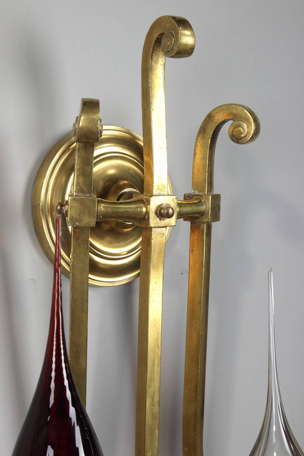 Opaline Glass 20th Century Art Deco Gilded Brass Sconce with Contemporary Glass Globes For Sale